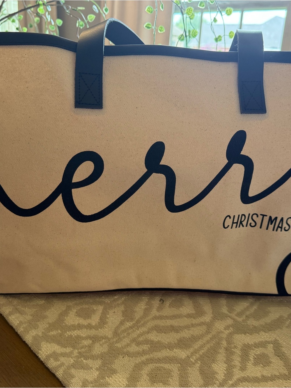 Holiday Canvas Tote Bag with Black Script and Trim